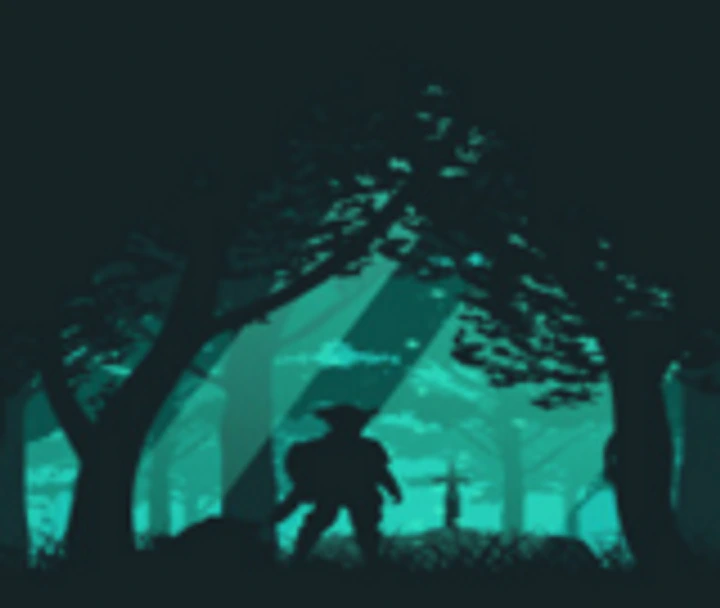 Teal forest silhouette with a figure beneath an illuminated canopy