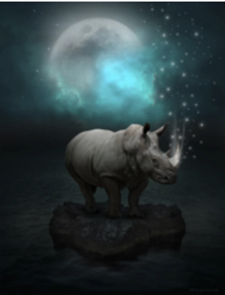 Rhinoceros standing on a rock beneath a luminous moon