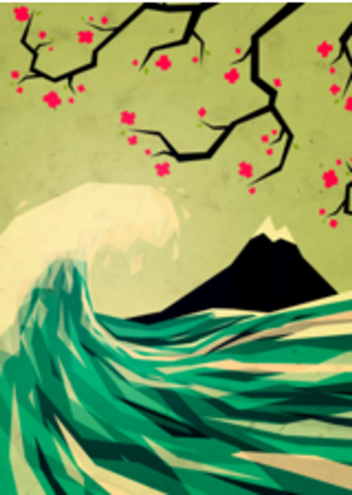 Graphic green waves, mountains, and flowering branches